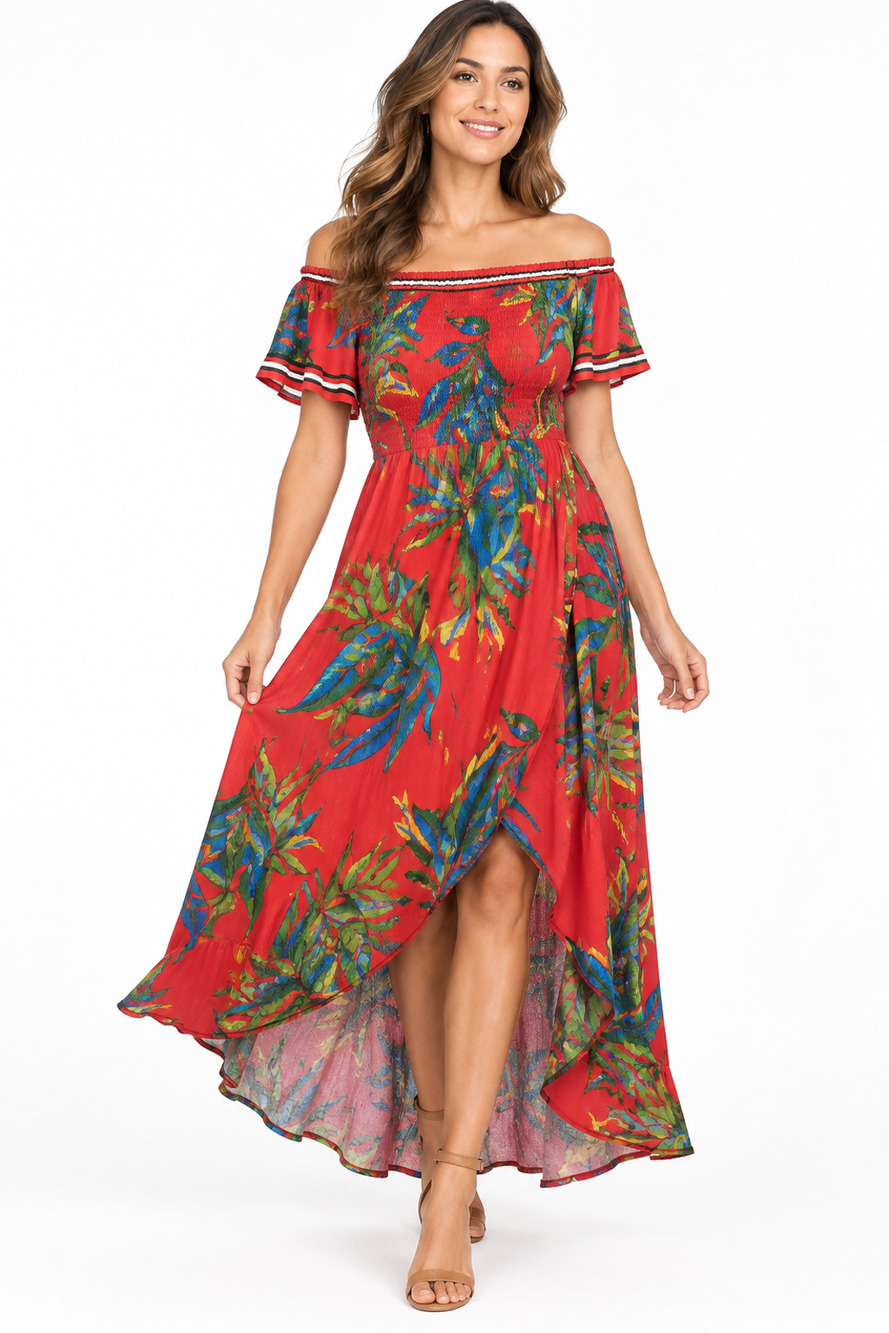 Jealous Tomato Women Dress Size M Red Floral Off Shoulder Hi Low Hawaiian
